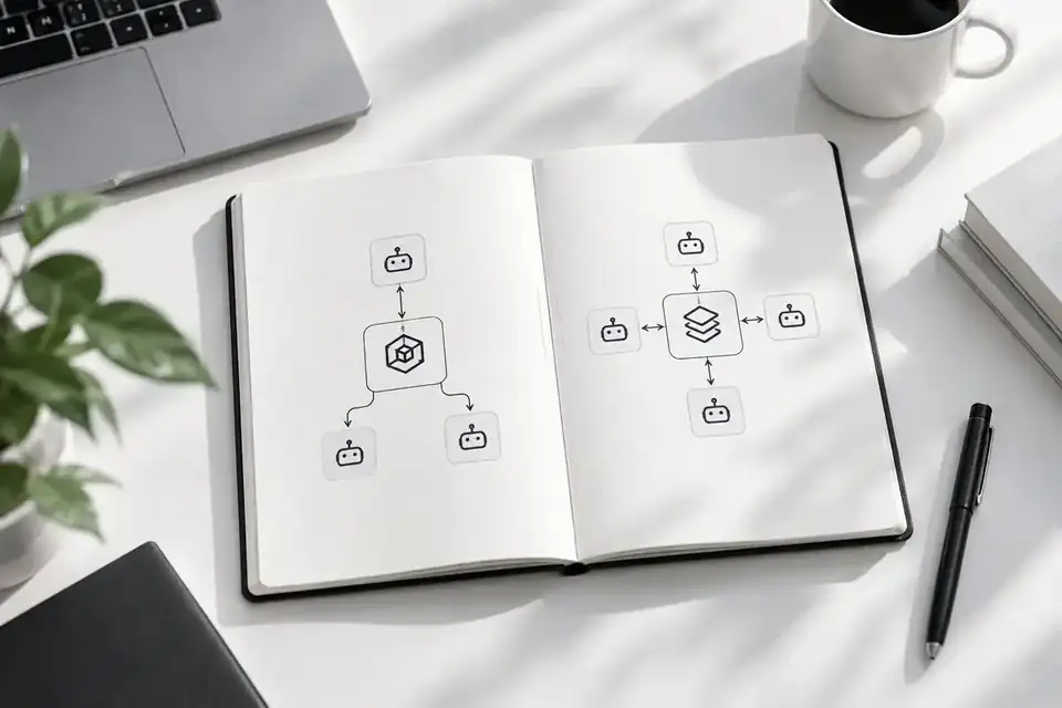 Minimal workstation with a connected AI network visualization